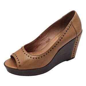 TRASK Peep Toe Wedge Platform Sandals Brown Leather Studded Cushioned Womens 10M